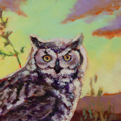 Owl face close-up with bright yellow eyes, detailed feathers and warm sunset sky, wildlife oil painting