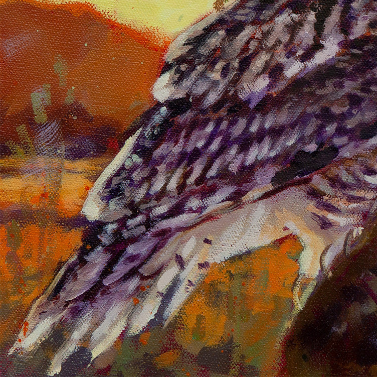 Close-up of owl wing and feather texture, layered brushstrokes in warm earthy landscape tones