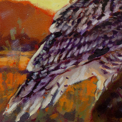 Close-up of owl wing and feather texture, layered brushstrokes in warm earthy landscape tones