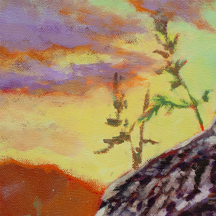 Warm sunset sky with soft clouds behind owl, colorful landscape background in oil painting