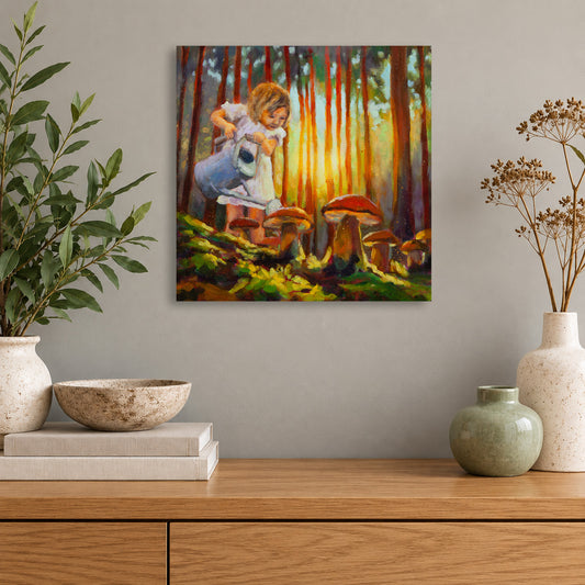 Whimsical woodland art print featuring a young girl watering magical mushrooms in a sunlit forest, displayed above a wooden cabinet with ceramic vases and natural decor in a cozy, neutral-toned room.