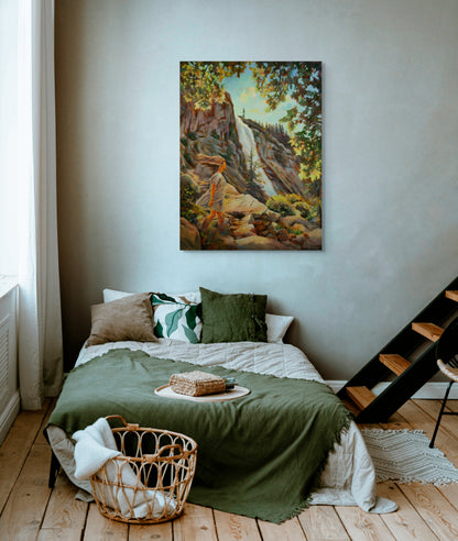 Bedroom with a bed and green blanket featuring an original painting of a girl in a brown dress hiking along Nevada Fall in Yosemite National Park.