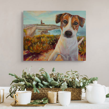 Original dog painting Ocean Scout hanging above a table with a green plant in a basket, white teapot, and teacups, coastal artwork by Martina Goulart.