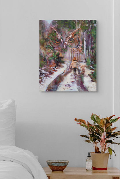 Going Home by Martina Goulart displayed on a neutral bedroom wall above a wooden nightstand, showing how the original oil painting brings warmth, calm, and a sense of belonging into a quiet living space.