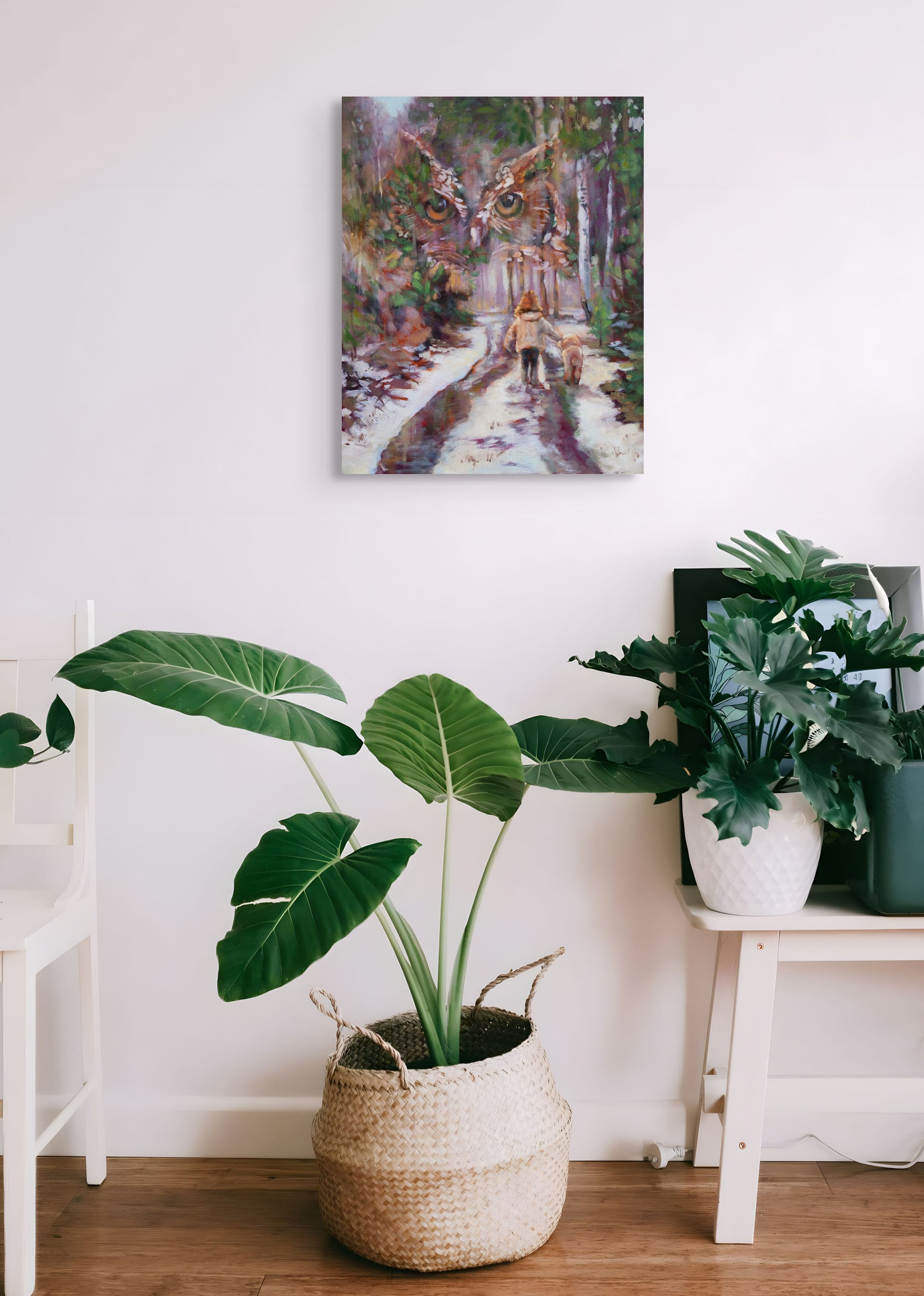 Original oil painting Going Home by Martina Goulart shown in a modern interior with plants and natural textures, illustrating how the artwork adds softness, story, and emotional depth to a contemporary home.