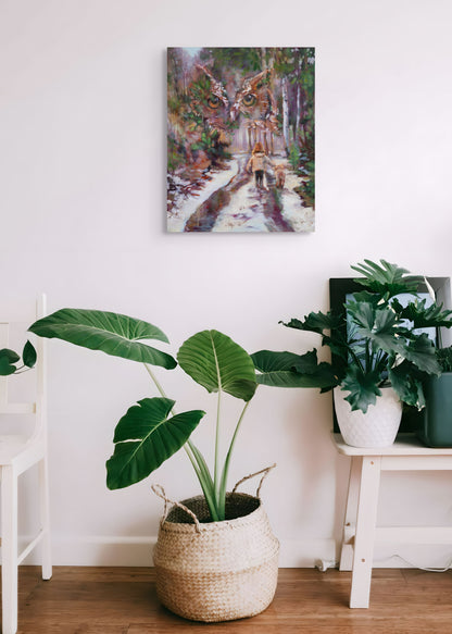 Original oil painting Going Home by Martina Goulart shown in a modern interior with plants and natural textures, illustrating how the artwork adds softness, story, and emotional depth to a contemporary home.