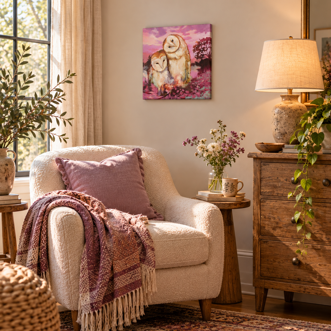 Barn owl art print in a cozy reading nook with natural wood furniture, warm neutral textures, and soft pink and lavender accents inspired by the painting.