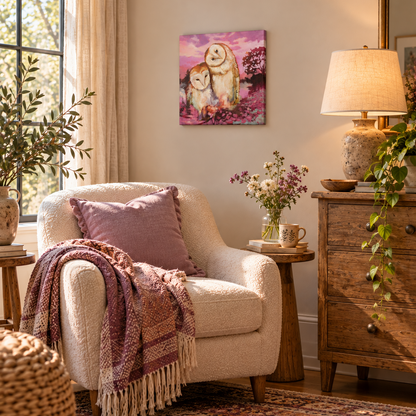 Barn owl art print in a cozy reading nook with natural wood furniture, warm neutral textures, and soft pink and lavender accents inspired by the painting.