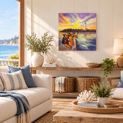 Paddle Pals colorful fine art print featuring three dogs in a kayak near the Santa Cruz lighthouse at sunset, displayed as coastal wall art in a bright, sunlit living room with ocean views, natural wood furniture, and beach-inspired decor.