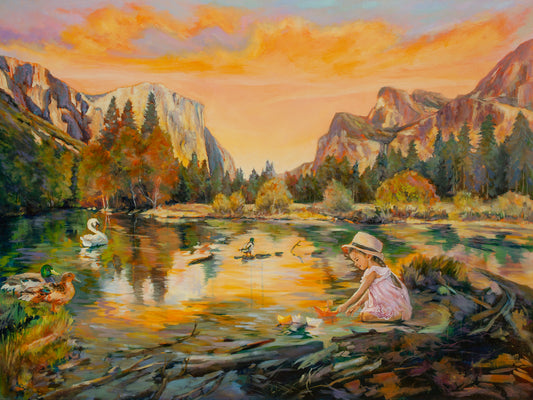 Original Yosemite painting of a girl in a pink dress releasing paper boats into a river with ducks and a swan under a golden-orange sky, by Martina Goulart.