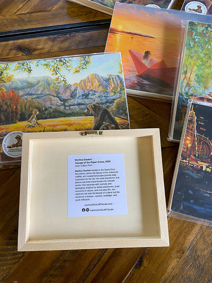 Back view of an 8x10 fine art print by Martina Goulart mounted on a cradle wood panel, showing hanging hook and artist information label