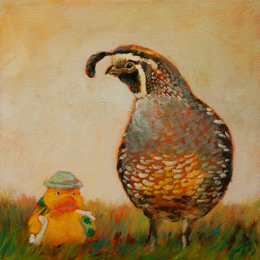 Original painting of a quail and yellow duck with a green hat walking side by side across a golden-brown plain under a tan sunny sky, by Martina Goulart.