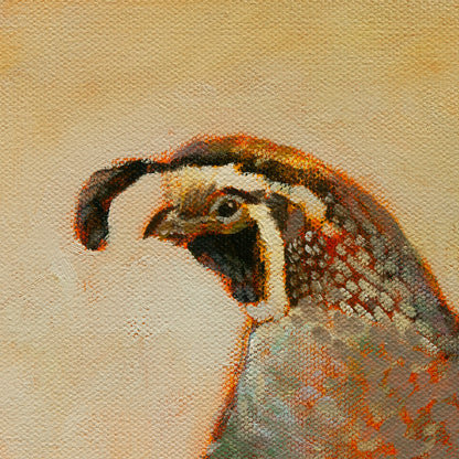 Close-up of a quail’s head in golden-brown and soft white tones with orange accents and tan background from Side by Side, wildlife art