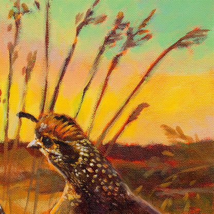 pair of quail walking together in warm landscape, Santa Cruz Mountains wildlife scene, oil painting detail