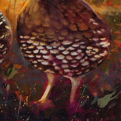 quail tail feathers highlighted by warm sunset light, soft natural tones, oil painting detail