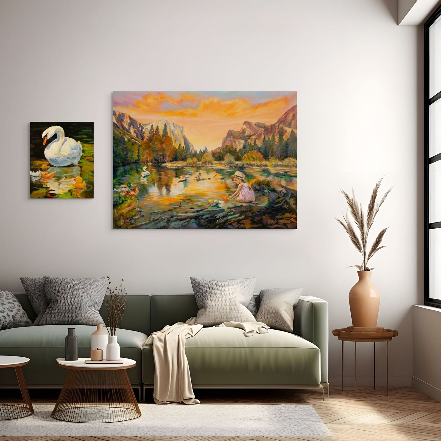 Living room with an original painting of a Yosemite Valley landscape featuring a girl and a swan in warm orange and green tones.