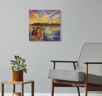 Modern living room mockup featuring the painting Paddle Pals on a gray wall above a mid-century chair, showing dogs paddling at sunset by Walton Lighthouse in Santa Cruz.