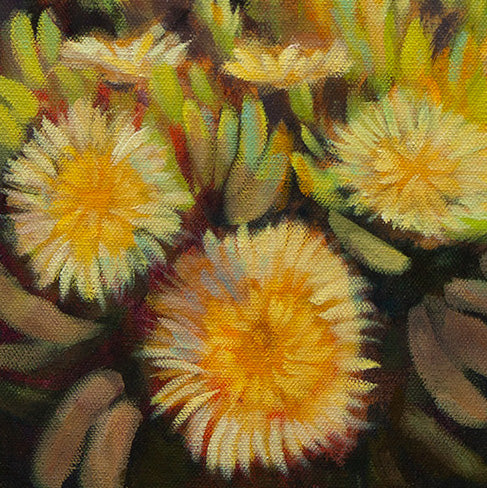 Close-up of yellow cliffside flowers from the original West Cliff Santa Cruz dog painting Picture Perfect by Martina Goulart