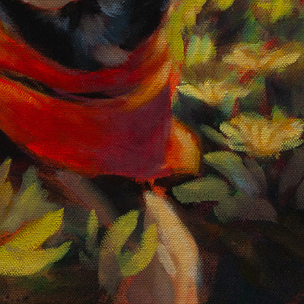Close-up of the red scarf glowing in sunlight with yellow flowers behind, from Picture Perfect by Martina Goulart.