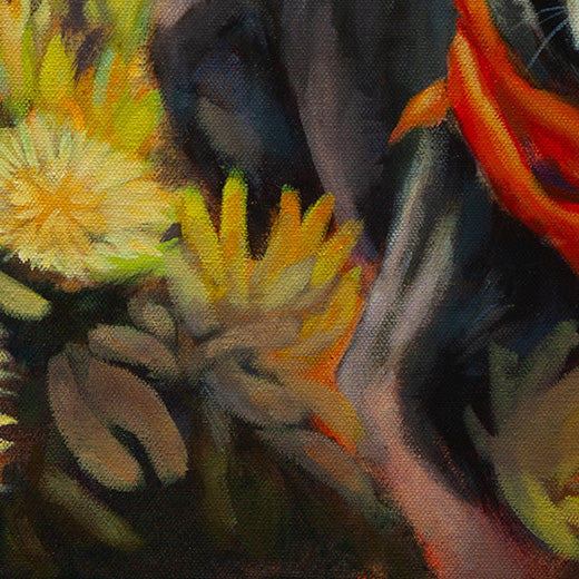 Detail of the red scarf in soft shadow with nearby yellow flowers from Picture Perfect, a West Cliff Santa Cruz dog painting.