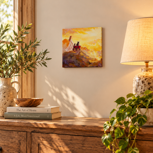 Small square She Pulls the World Up artwork displayed in a warm, sunlit home above a rustic wood console, showing how colorful inspirational art can work in a cozy living space.
