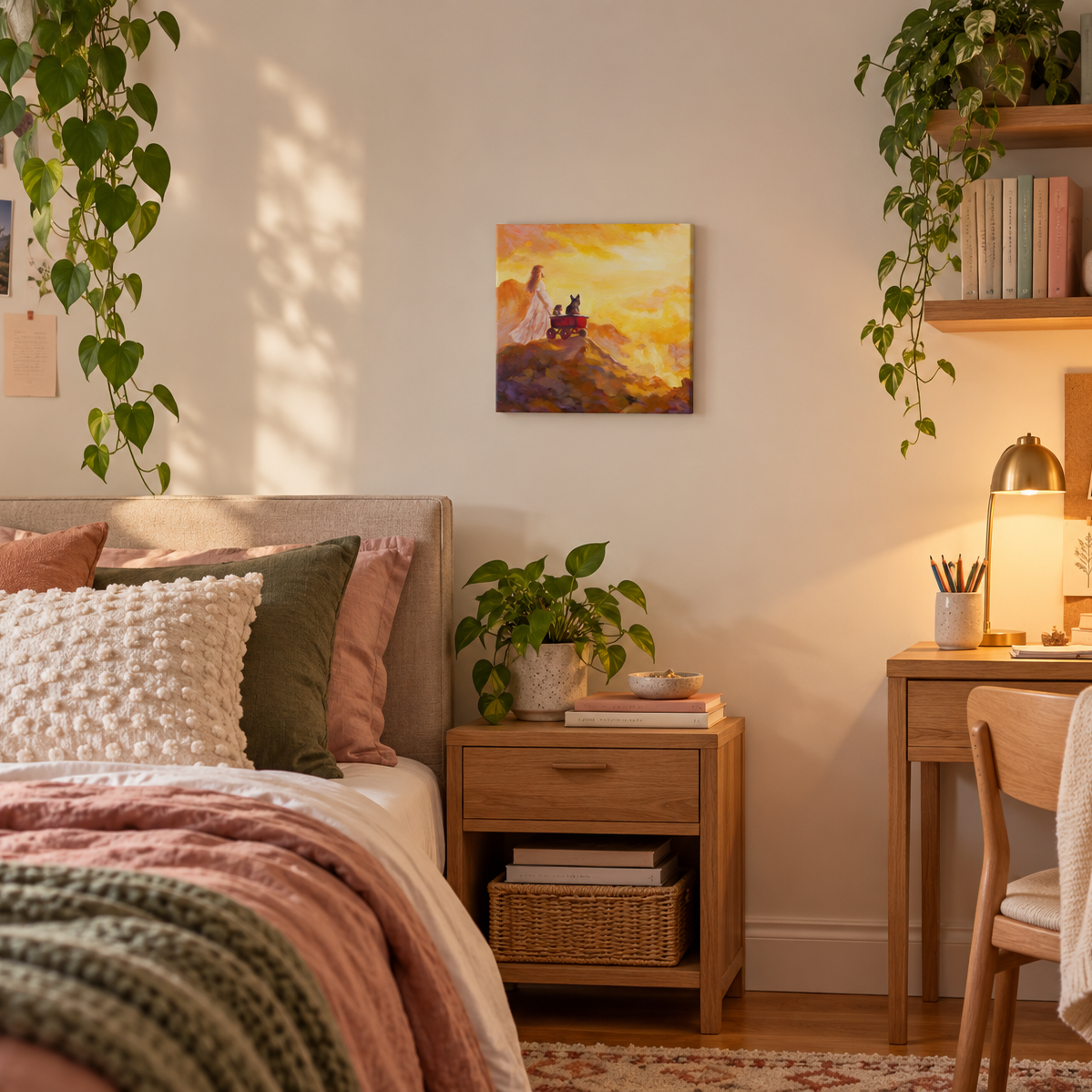 Warm sunset art print displayed in a cozy young adult bedroom with natural wood furniture, soft blush and sage textiles, greenery, and Scandinavian-inspired decor.