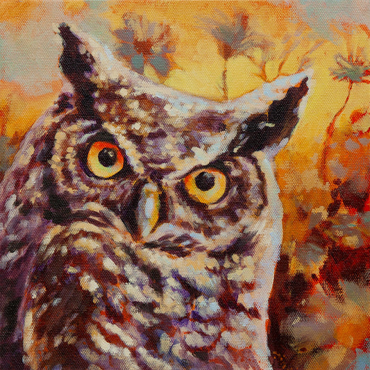 Owl facing forward with intense gaze at sunset, perched in warm-toned landscape, expressive wildlife oil painting