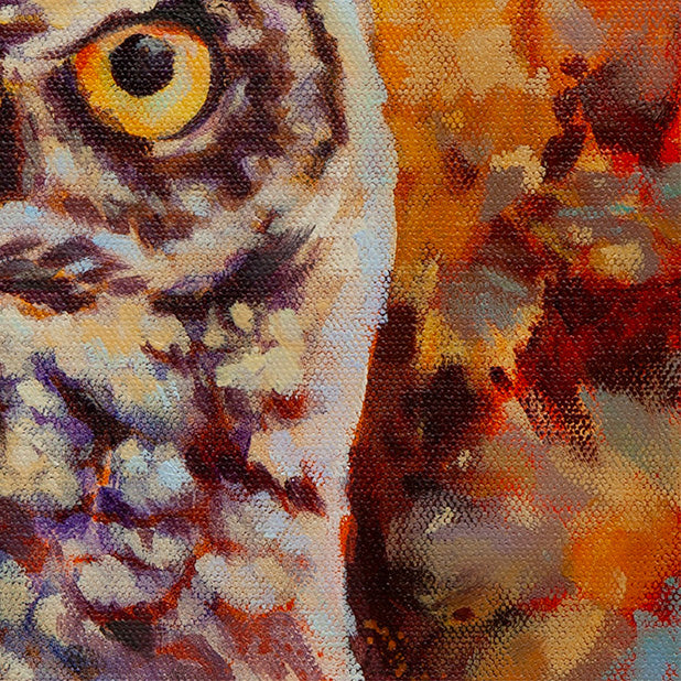 Close-up of owl feathers with layered brushstrokes, rich browns and purples in wildlife painting