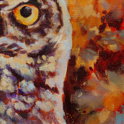 Close-up of owl feathers with layered brushstrokes, rich browns and purples in wildlife painting