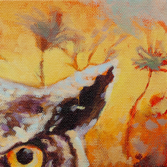 Warm sunset sky and soft landscape behind owl, colorful clouds and natural textures in oil painting
