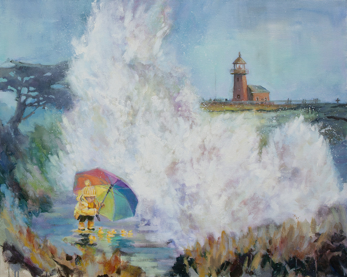 Original painting of a girl in yellow raincoat with rainbow umbrella protecting rubber ducks from crashing wave near Santa Cruz lighthouse.