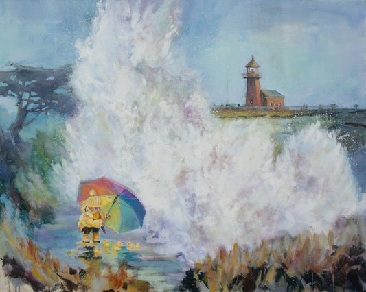 Original painting of a girl in yellow raincoat with rainbow umbrella protecting rubber ducks from crashing wave near Santa Cruz lighthouse.