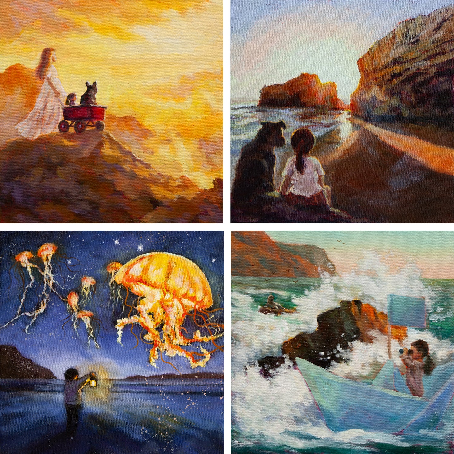 Four fine art paintings depicting various scenes with people and nature in yellow, brown and blue colors.