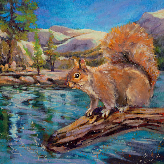 squirrel perched on branch above water at Tenaya Lake Yosemite, calm lake landscape, oil painting