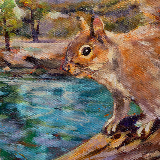 squirrel by calm lake water at Tenaya Lake Yosemite, close-up wildlife oil painting detail