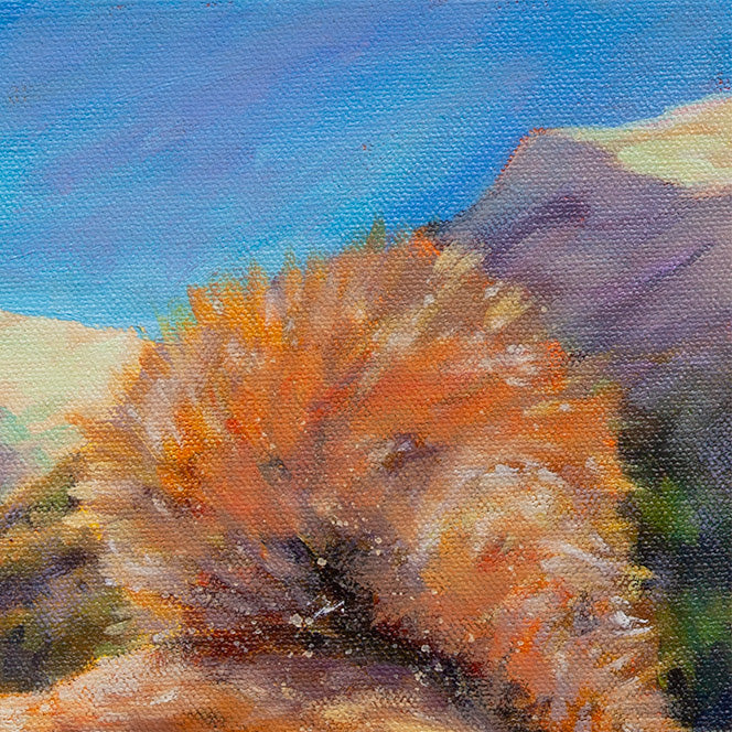 squirrel tail with Yosemite mountain landscape in background, soft light, oil painting detail