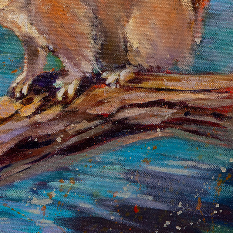 squirrel perched on branch above water at Tenaya Lake Yosemite, calm lake surface, oil painting detail
