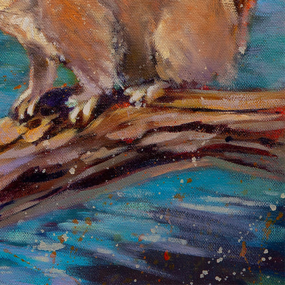 squirrel perched on branch above water at Tenaya Lake Yosemite, calm lake surface, oil painting detail