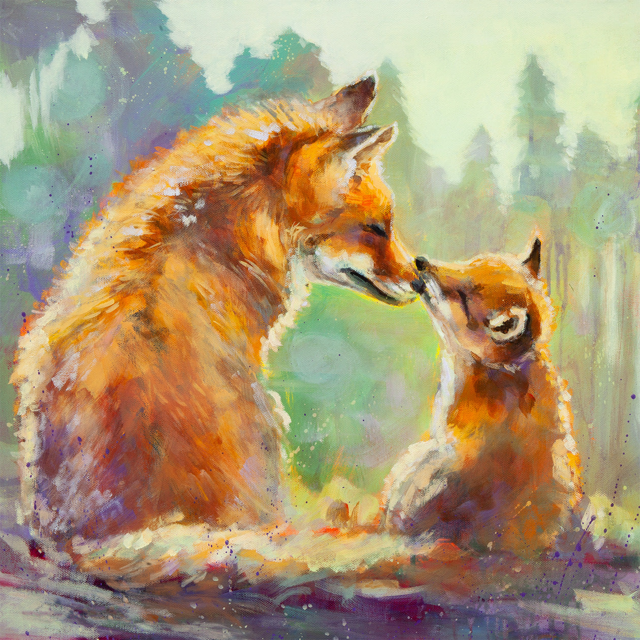 Stay Close fox painting by Martina Goulart featuring an adult fox and young fox touching noses in a forest