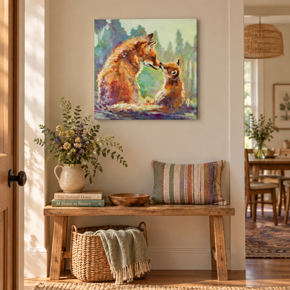Fox family art print in a warm, nature-inspired entryway with natural wood furniture, woven textures, greenery, and soft earthy accents.