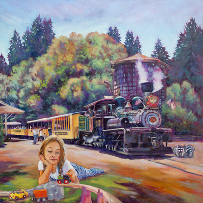 Original painting of a girl playing with toy train in front of Roaring Camp steam engine with people, raccoons, and redwood trees under blue sky.