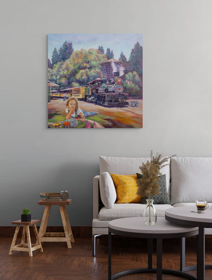Cozy living room with light sofa and two stools, featuring The Adventure Line painting of a girl playing with a toy train under the redwoods.