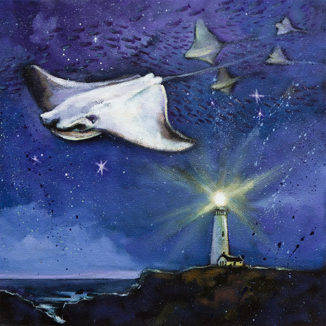 Dreamlike ocean fine art painting of stingrays gliding through a starry night sky above a glowing lighthouse on a coastal cliff, titled Currents of the Night.
