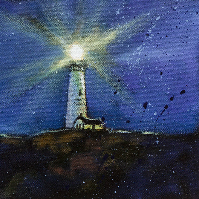 Close-up of a bright lighthouse casting light across a dark coastal cliff at night in the ocean-inspired fine art painting Currents of the Night.