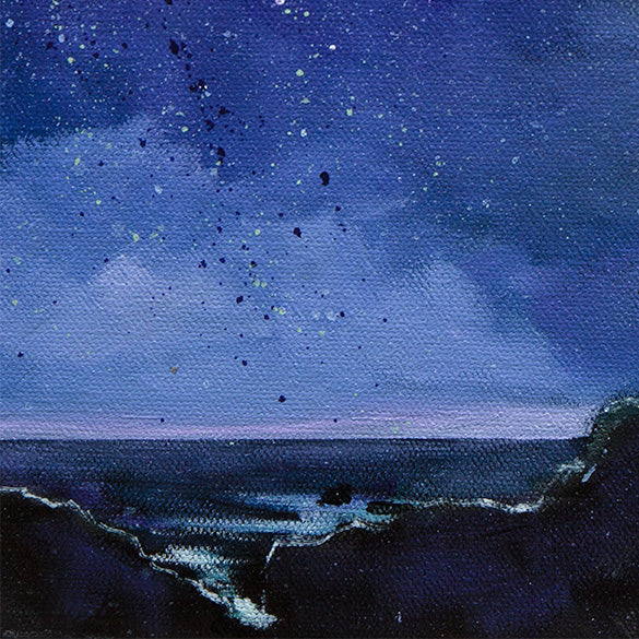 Close-up of a rocky coastline and dark ocean under a star-filled night sky in the coastal fine art painting Currents of the Night.