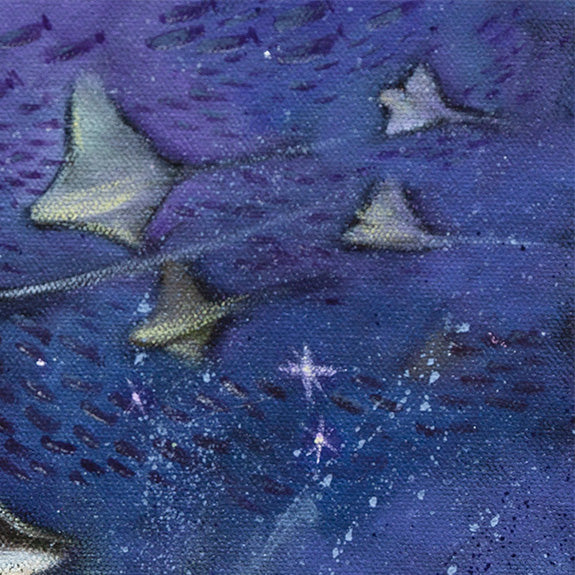 Close-up of several stingrays and schooling fish moving through a starry purple sky in the ocean fine art painting Currents of the Night.