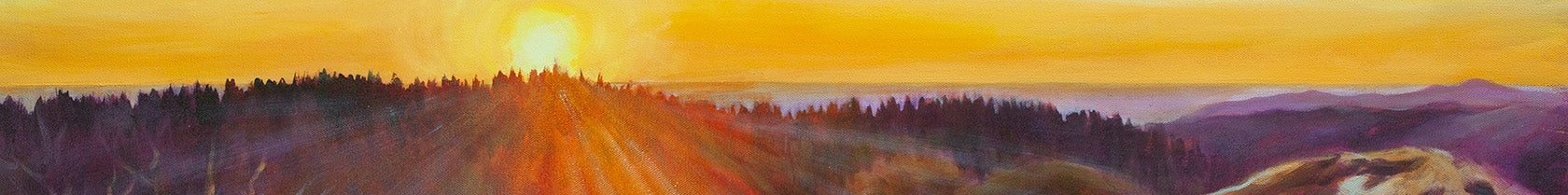 Painting of a young girl and a cougar sitting on a rocky outcrop at sunset.