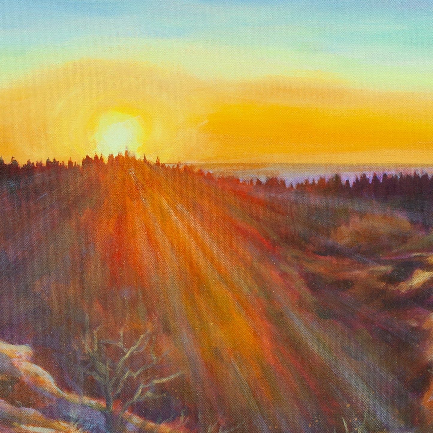 Detail of red and orange sun rays spreading over mountain peaks from Belonging, sunset landscape painting by Martina Goulart.