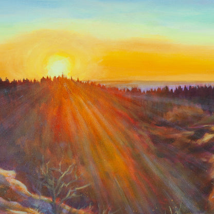 Detail of red and orange sun rays spreading over mountain peaks from Belonging, sunset landscape painting by Martina Goulart.