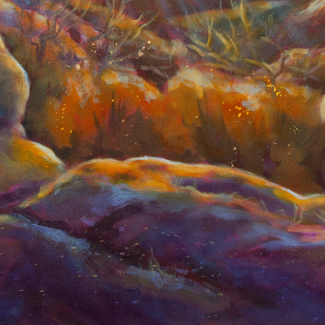 Detail of warm orange and purple rocks with patches of vegetation and touches of blue and yellow from Belonging, nature painting.